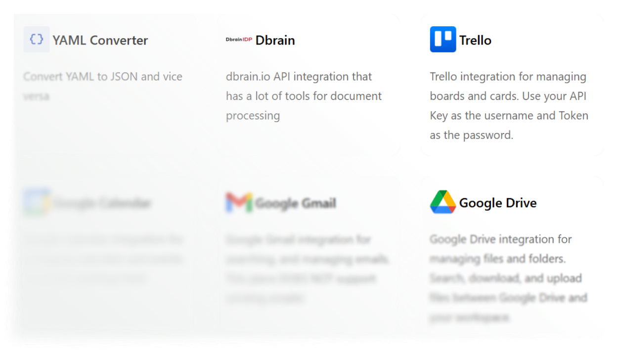 Интеграции: YAML Converter, Dbrain, Trello, Google Calendar, Gmail, Google Drive
